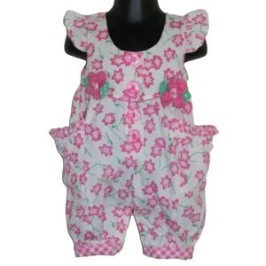 Vintage Girls Romper, 3-6mo, Pink floral w/gingham, Ruffle cap sleeve, Flowers